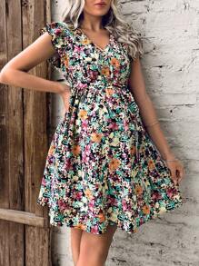 SHEIN Maternity Allover Floral Print Ruffle Trim Belted Dress - Multicolor - View 5