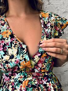 SHEIN Maternity Allover Floral Print Ruffle Trim Belted Dress - Multicolor - View 7