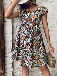 SHEIN Maternity Allover Floral Print Ruffle Trim Belted Dress - Multicolor - View 8