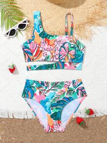 Tween Girl Tropical Print Cut Out Asymmetrical Neck Bikini Set Summer Beach - Multicolor - View 1