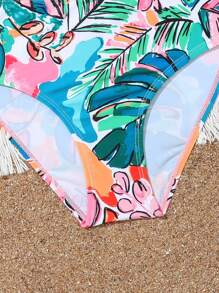 Tween Girl Tropical Print Cut Out Asymmetrical Neck Bikini Set Summer Beach - Multicolor - View 4
