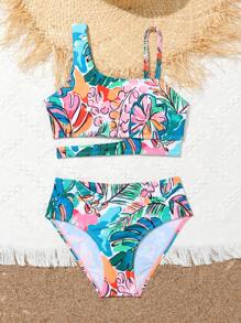 Tween Girl Tropical Print Cut Out Asymmetrical Neck Bikini Set Summer Beach - Multicolor - View 5