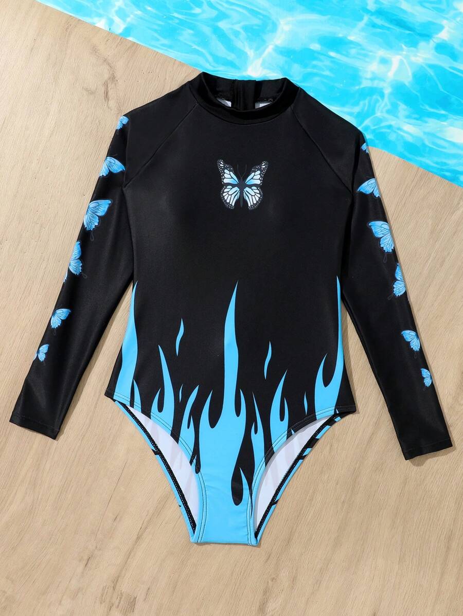 Tween Girl Fire & Butterfly Print High Neck One Piece Swimsuit - Black - View 1