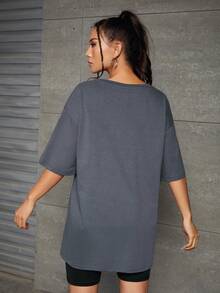 JOLLY by Jiajia 狗狗和字母圖案落肩袖超大號T恤 - 霧霾藍 - 查看 4