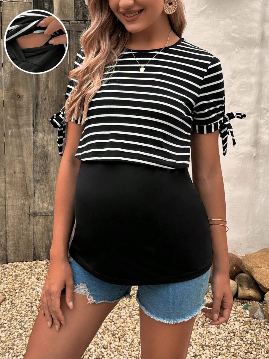 SHEIN 孕婦條紋印花打結袖口哺乳T恤