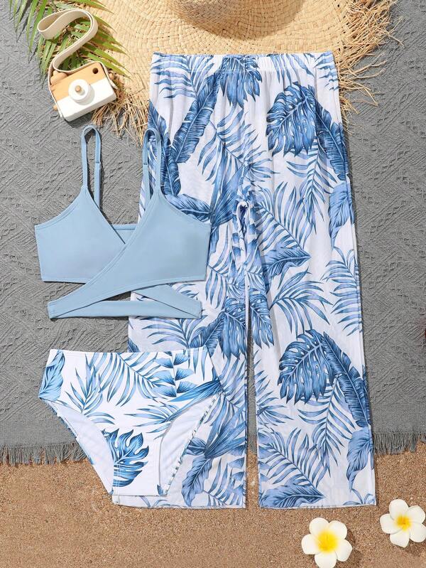 Tween-Mädchen Bikini Set mit tropischem Print und überkreuzter Taille und Cover-Upshose für den Sommer
