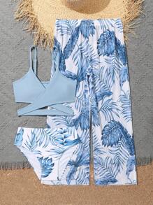 Tween Girl 热带印花交叉比基尼套装和罩衫裤夏日海滩