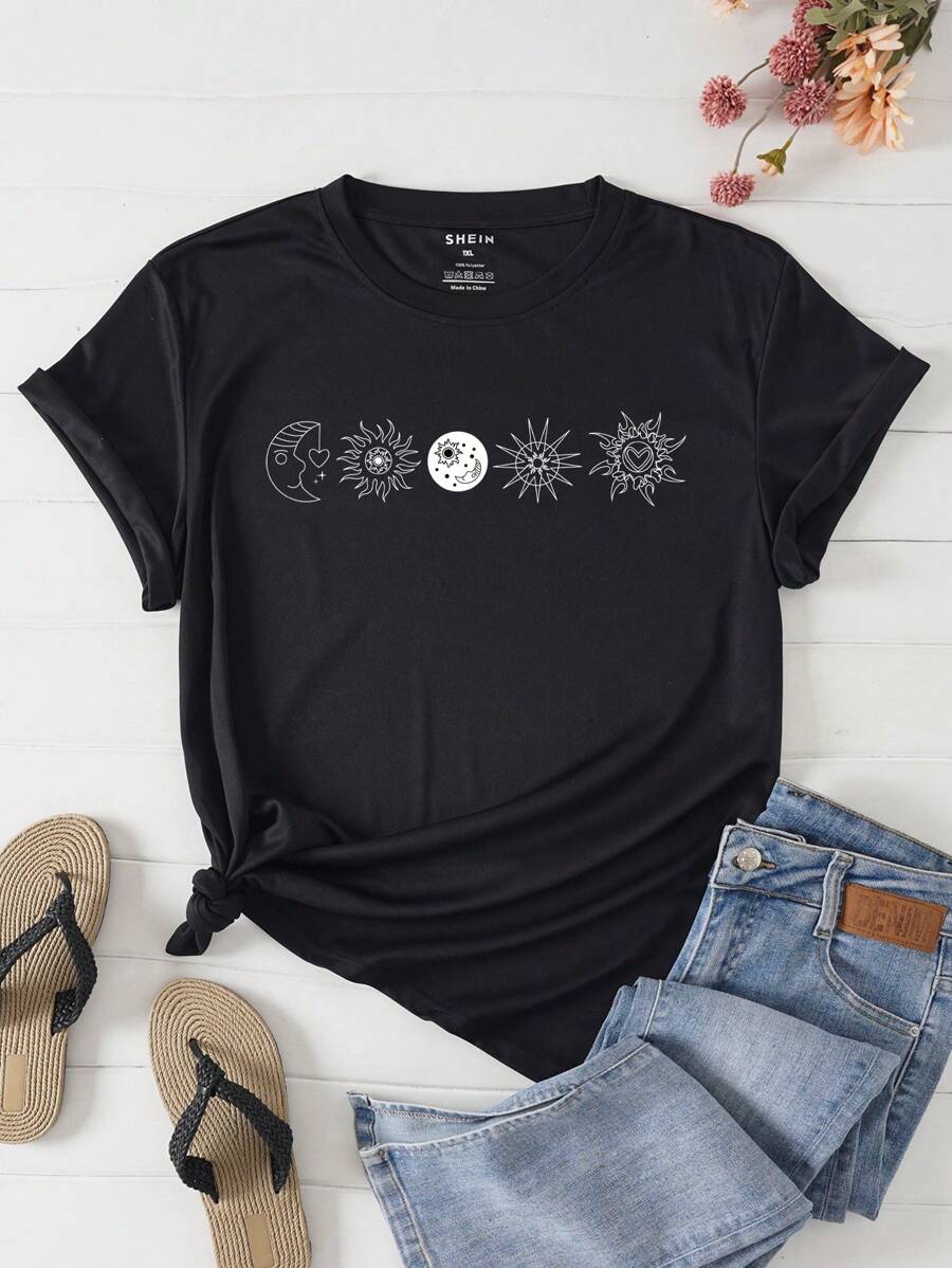 SHEIN EZwear 大碼日月圖案T恤 - 黑色 - 查看 1