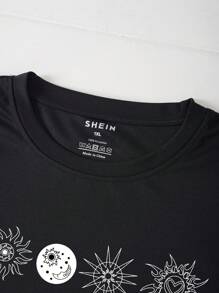 SHEIN EZwear 大碼日月圖案T恤 - 黑色 - 查看 5