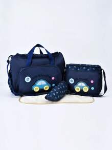 4pcs Baby Car Pattern Large Capacity Diaper Bag - Navy Blue - View 1
