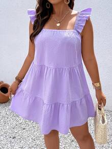 SHEIN Holidaya Plus Ruffle Trim Ruffle Hem Smock Dress - Purple - View 5