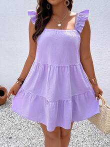 SHEIN Holidaya Plus Ruffle Trim Ruffle Hem Smock Dress - Purple - View 6
