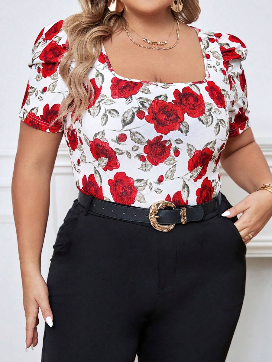 SHEIN Clasi 大碼印花泡泡袖T恤 - 彩色 - 查看 1