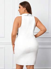 SHEIN Privé Đầm Plus Size Nút Dây kéo Tương phản ren Khối Màu Thanh lịch - trắng - Xem 2