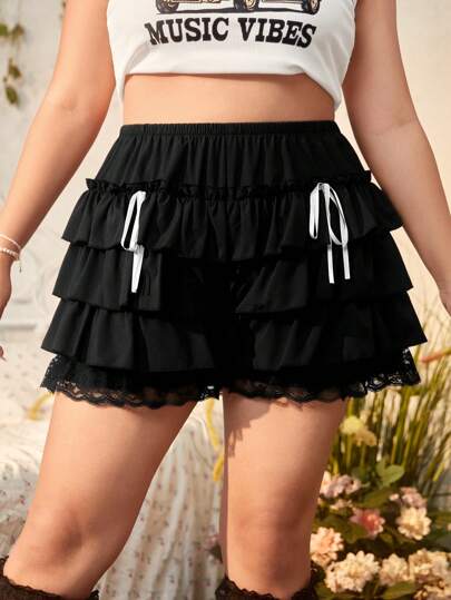 Kawaii Plus Bow Front Lace Trim Ruffle Hem Shorts, School