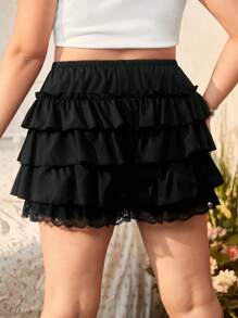 ROMWE Kawaii Plus Bow Front Lace Trim Ruffle Hem Shorts, School - Black - View 2