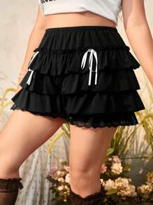 ROMWE Kawaii Plus Bow Front Lace Trim Ruffle Hem Shorts, School - Black - View 4
