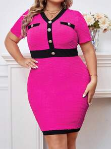 SHEIN Privé Đầm Plus Size Tương phản ràng buộc Nút phía trước Khối Màu Thanh lịch - Màu Hồng Tươi - Xem 5