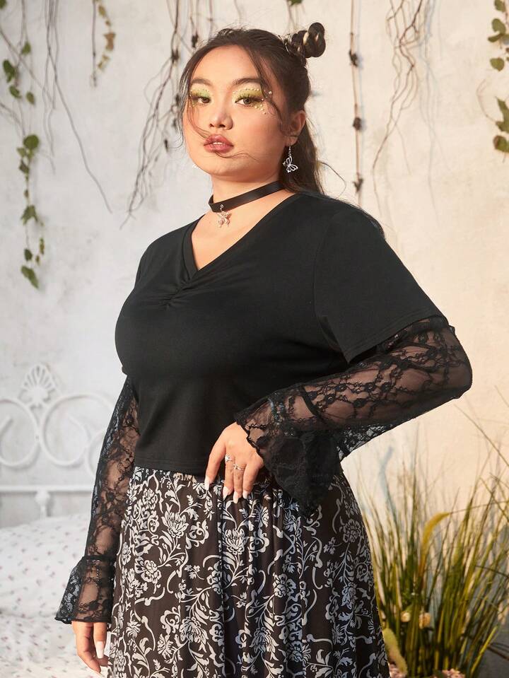 Our Fairycore Plus Contrast Lace Bell Sleeve Top is such a vibe - ROMWE