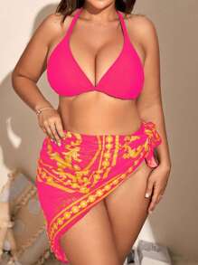 SHEIN Swim Curve Plus Size Halter Triangle Bikini Set With Beach Skirt Summer Beach - Multicolor - View 1