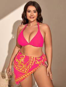 SHEIN Swim Curve Plus Size Halter Triangle Bikini Set With Beach Skirt Summer Beach - Multicolor - View 4