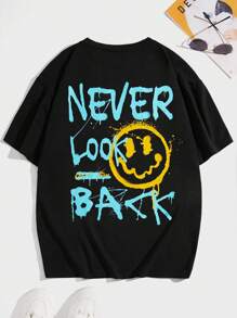 Manfinity RebelGame 男裝T卹，鬆身版型，圓領下垂肩短袖圖形T卹，微笑臉搞笑街頭風格，夏季聚酯纖維面料 - 黑色 - 查看 2