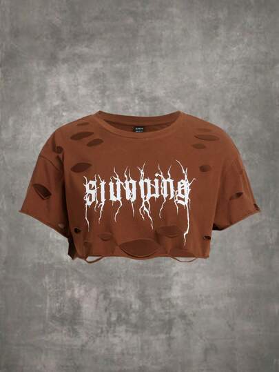 Letter Graphic Ripped Crop Tee