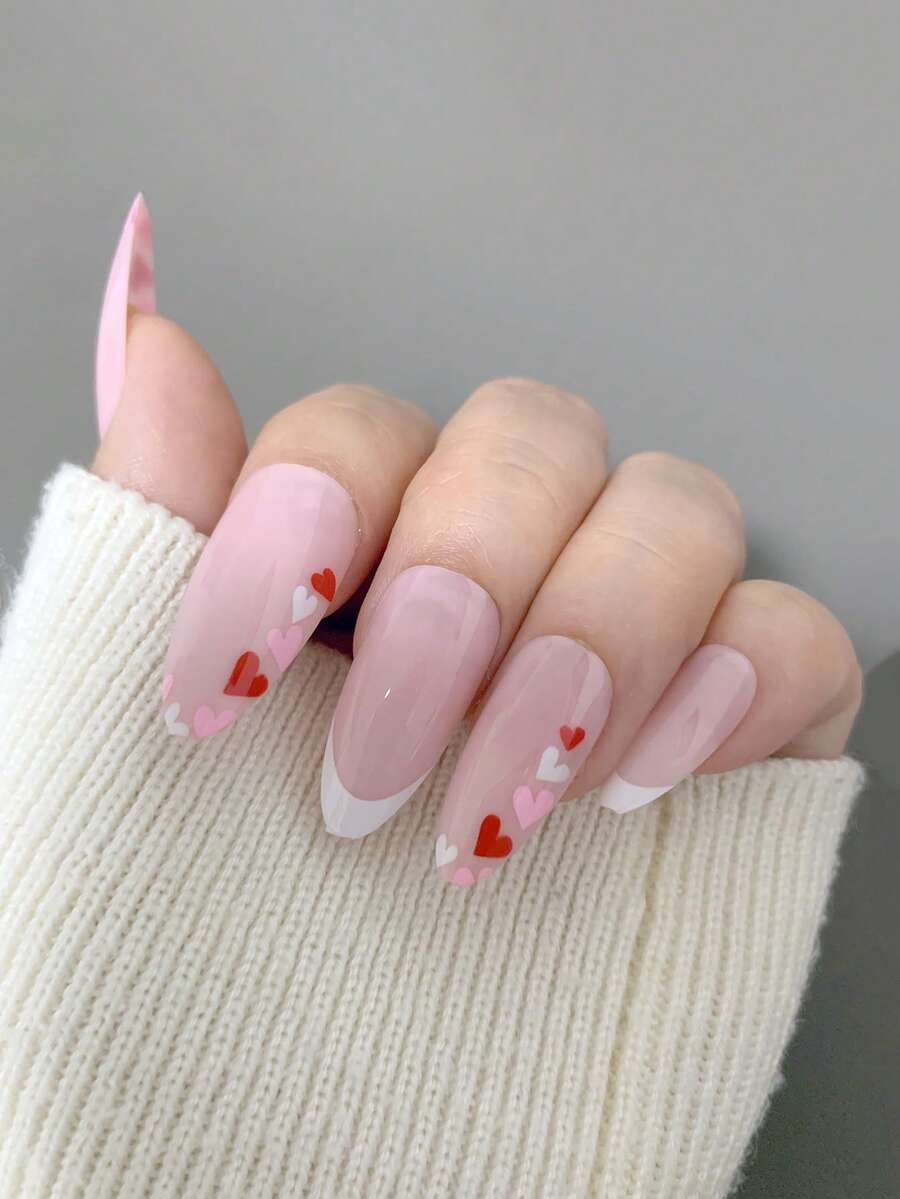 Sweetness 24pcs Long Almond Heart Pattern Fake Nail Kit - Multicolor - View 1