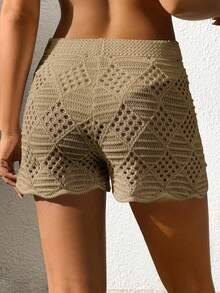 Hollow Out Scallop Trim Cover Up Shorts - Khaki - View 3