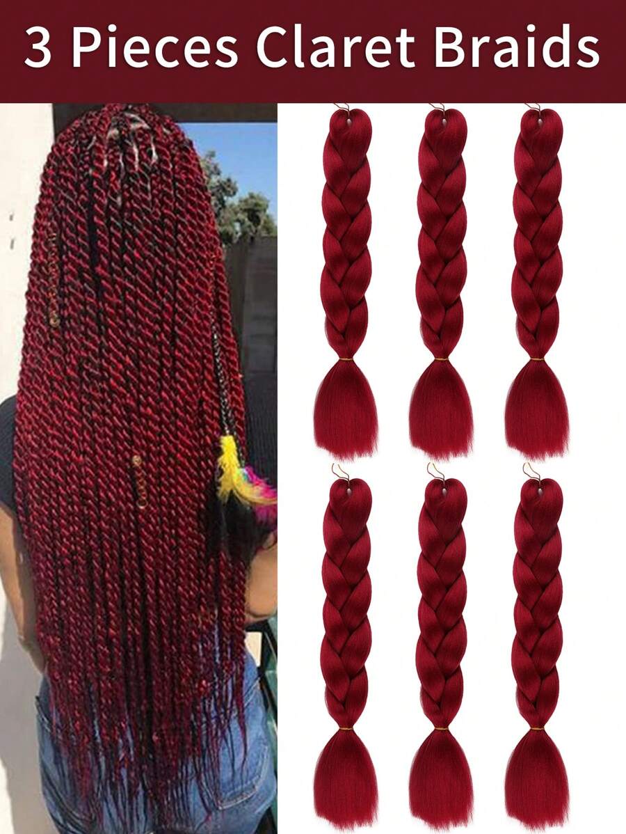 Pack of 6 Large Braiding Hair 24Inch Suitable For Women And Children Daily Holidays And Cosplay Braided Wear BUG Wine red Fashion Synthetic Hair Crochet Hair Extensions Useful and Deft High Temperature Hair - Burgundy - View 1