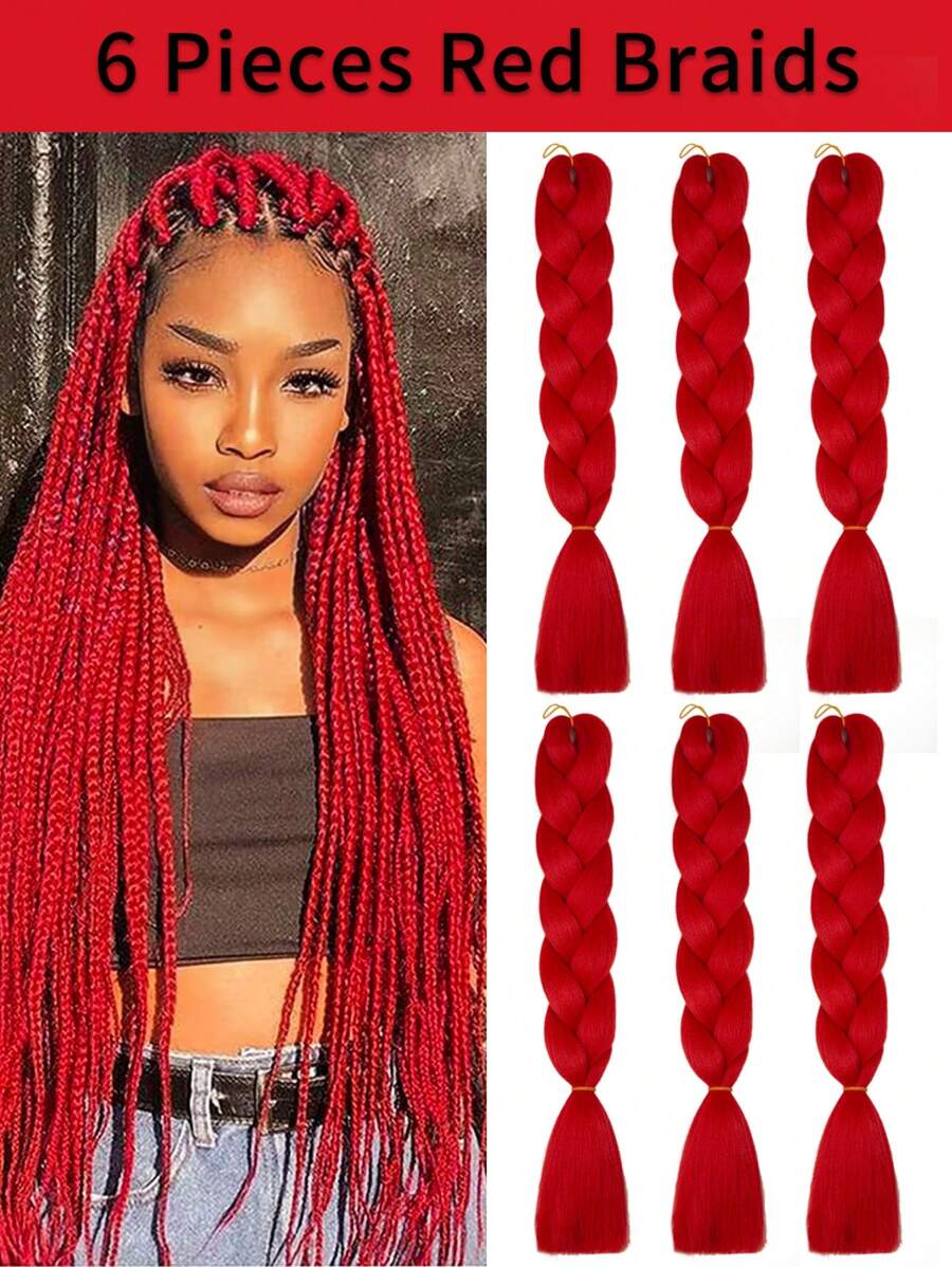 Paquete de 6 cabellos trenzados grandes de 24 pulgadas, adecuados para mujeres y niños, días festivos diarios y cosplay, ropa trenzada, cabello sintético de moda rojo, extensiones de cabello de ganchillo, cabello útil y hábil para altas temperaturas - Rojo - Ver 1
