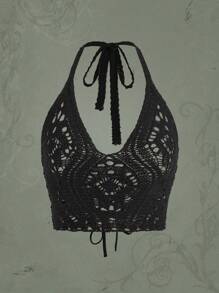 ROMWE Goth Solid Hollow Out Halter Knit Top - Black - View 1