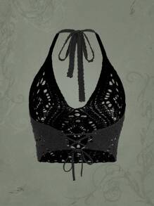 ROMWE Goth Solid Hollow Out Halter Knit Top - Black - View 2