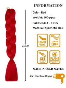 Paquete de 6 cabellos trenzados grandes de 24 pulgadas, adecuados para mujeres y niños, días festivos diarios y cosplay, ropa trenzada, cabello sintético de moda rojo, extensiones de cabello de ganchillo, cabello útil y hábil para altas temperaturas - Rojo - Ver 4