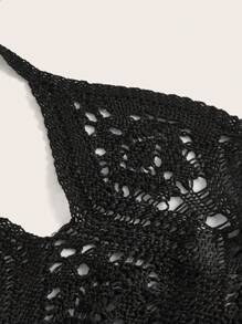 ROMWE Goth Solid Hollow Out Halter Knit Top - Black - View 4