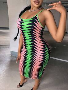Slaydiva 大碼滿版印花吊帶緊身連衣裙 - 彩色 - 查看 3