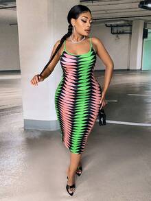 Slaydiva 大碼滿版印花吊帶緊身連衣裙 - 彩色 - 查看 6