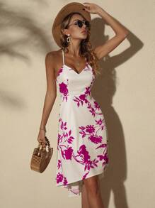 SHEIN VCAY Đầm Bất đối xứng Lộ Lưng Cao thấp Hoa Boho - Nhiều màu - Xem 4