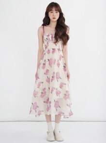 Vestido de tirantes con estampado floral pecho con fruncido - Beis - Ver 1