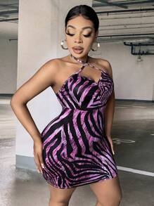 Slaydiva 大碼斑馬紋十字交叉後背繫帶吊脖緊身連衣裙 - 玫紅色 - 查看 5