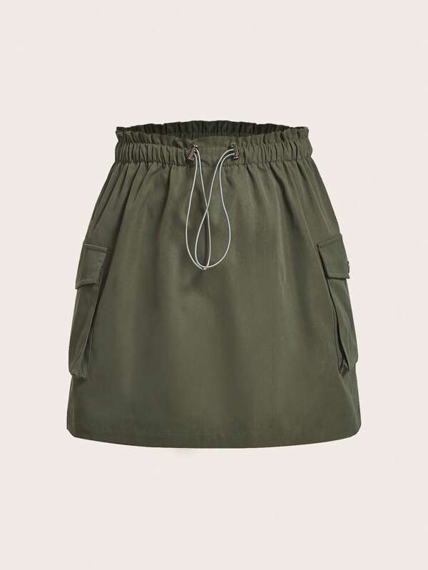 SHEIN EZwear Plus Paperbag 腰部翻盖口袋侧边工装裙