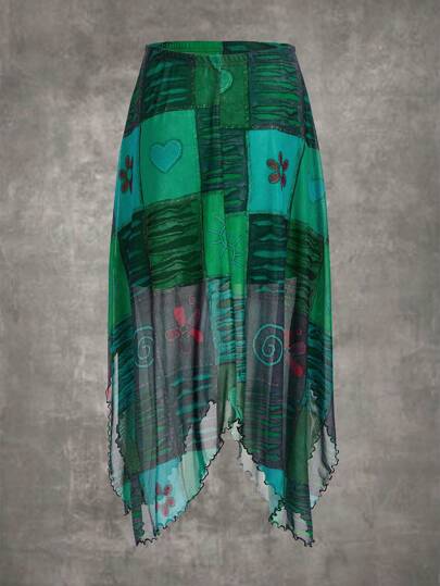 Rock mit Blume & Herzen Muster, asymmetrischem Saum, Mesh