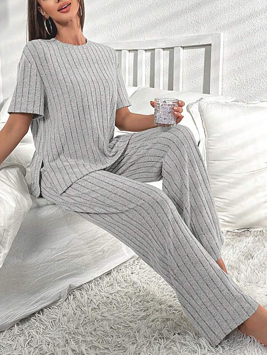 Split Hem Tee & Trousers Lounge Set - Light Grey - View 1