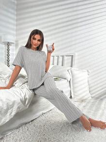 Split Hem Tee & Trousers Lounge Set - Light Grey - View 3