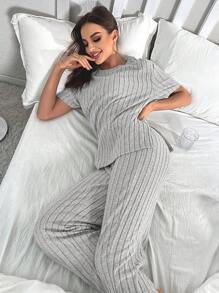 Split Hem Tee & Trousers Lounge Set - Light Grey - View 5