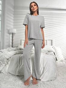 Split Hem Tee & Trousers Lounge Set - Light Grey - View 6