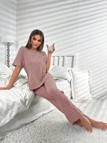 Split Hem Tee & Trousers Lounge Set - Mauve Purple - View 3