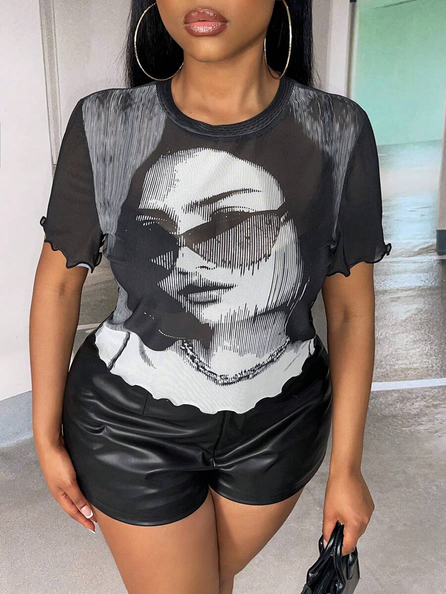 Slaydiva áo nữ kích thước lớn cắt Xù nhỏ Con số Gợi cảm - Đen và trắng - Xem 1
