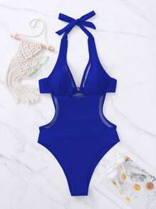 Contrast Mesh Halter One Piece Swimsuit - Royal Blue - View 3