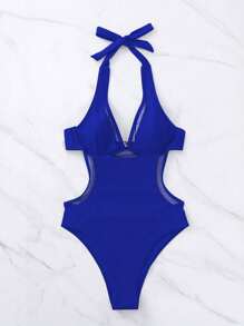 Contrast Mesh Halter One Piece Swimsuit - Royal Blue - View 4